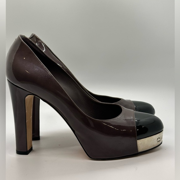 Sold-CHANEL Platform Pump Patent Leather Cap Toe Brown Black Silver Sz 38 - Picture 6 of 11
